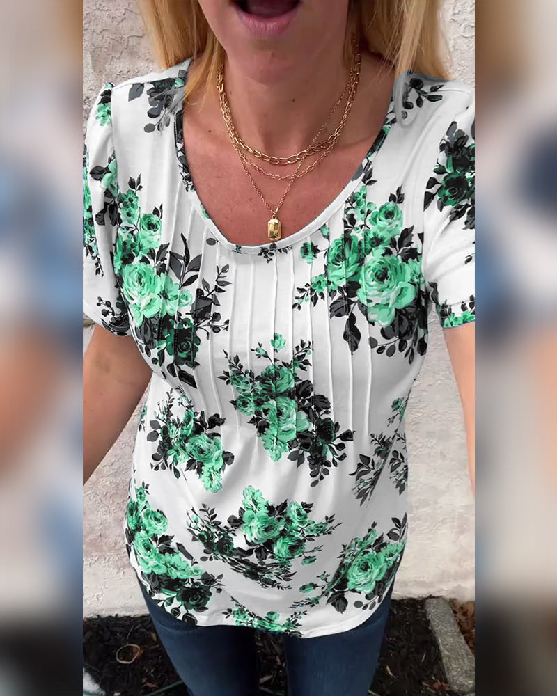 Crew Neck Floral Print Pleated T-Shirt