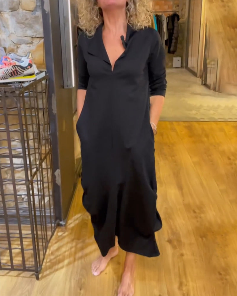 V-Neck Solid Color A-Line Dress