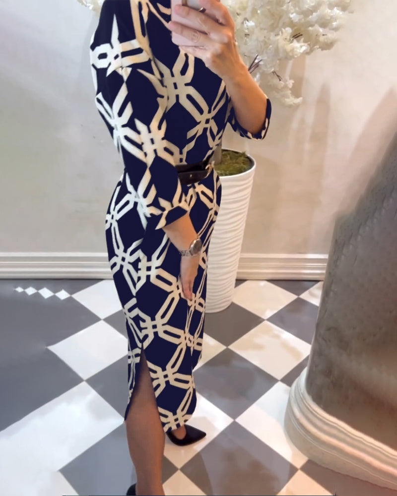 Geometric print side slit elegant dress