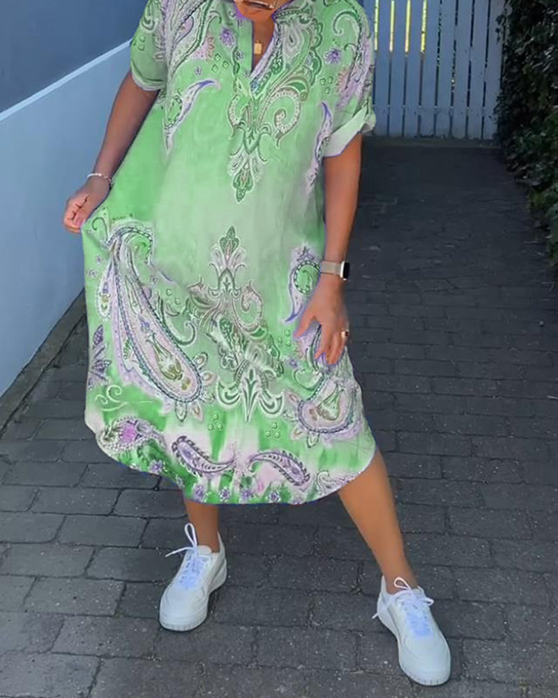 V-neck fold sleeve printed dress