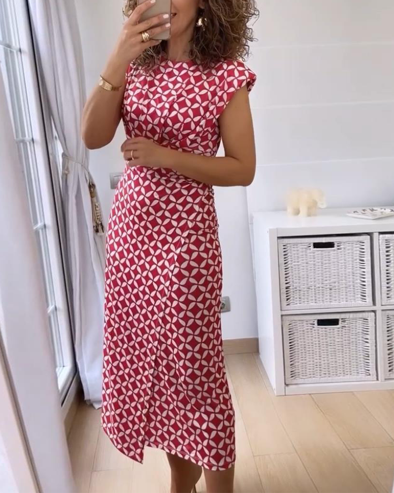 Geometric print round neck sleeveless elegant dress