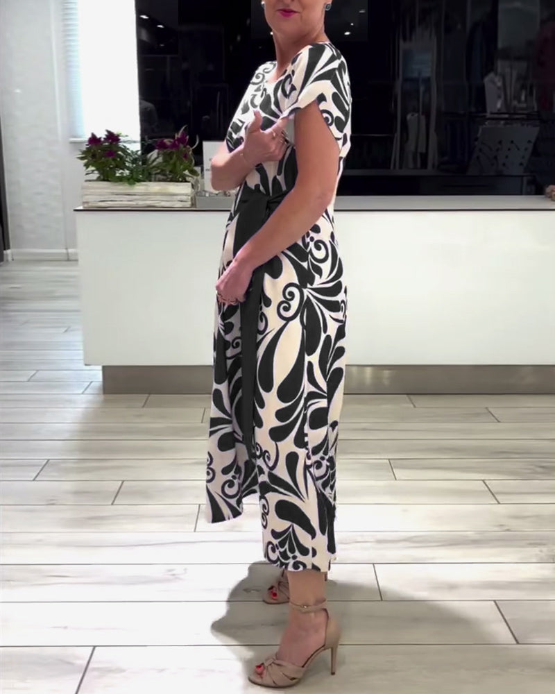 Elegant contrast print short sleeve dress