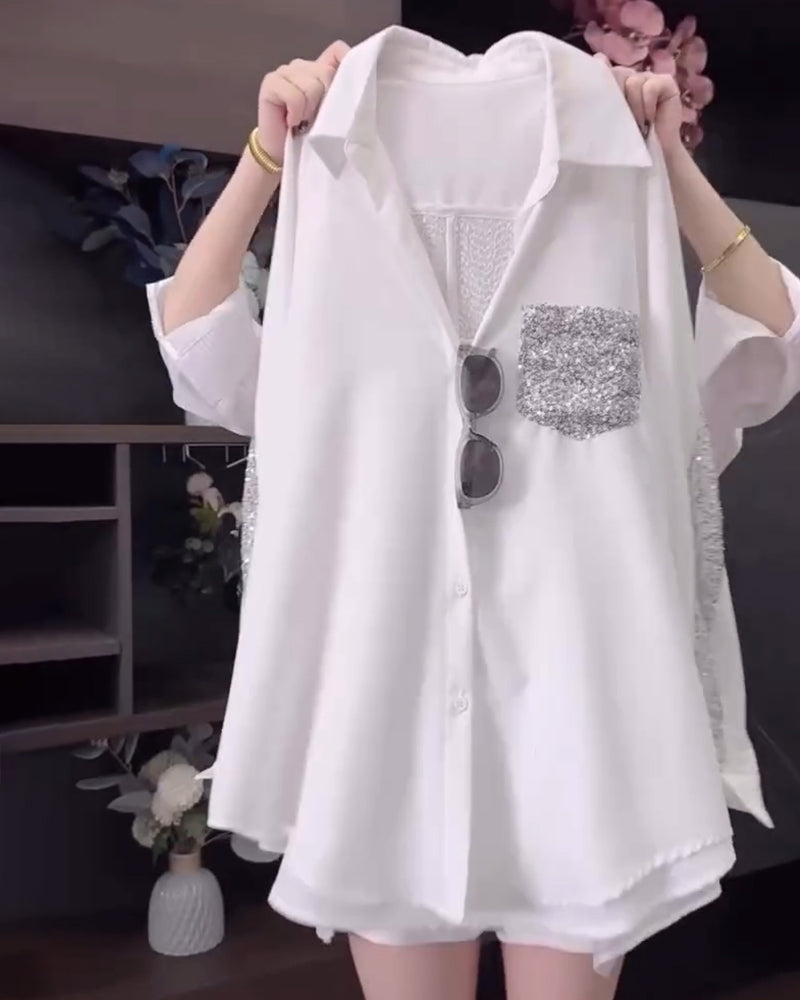 Lapel Sequin Long-Sleeved Shirt