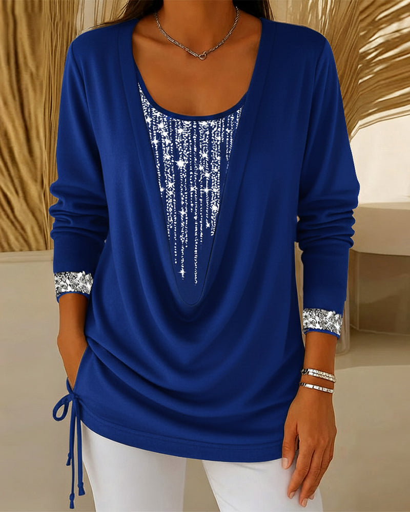 Drop Collar Fine Glitter Fake Two-Piece Top