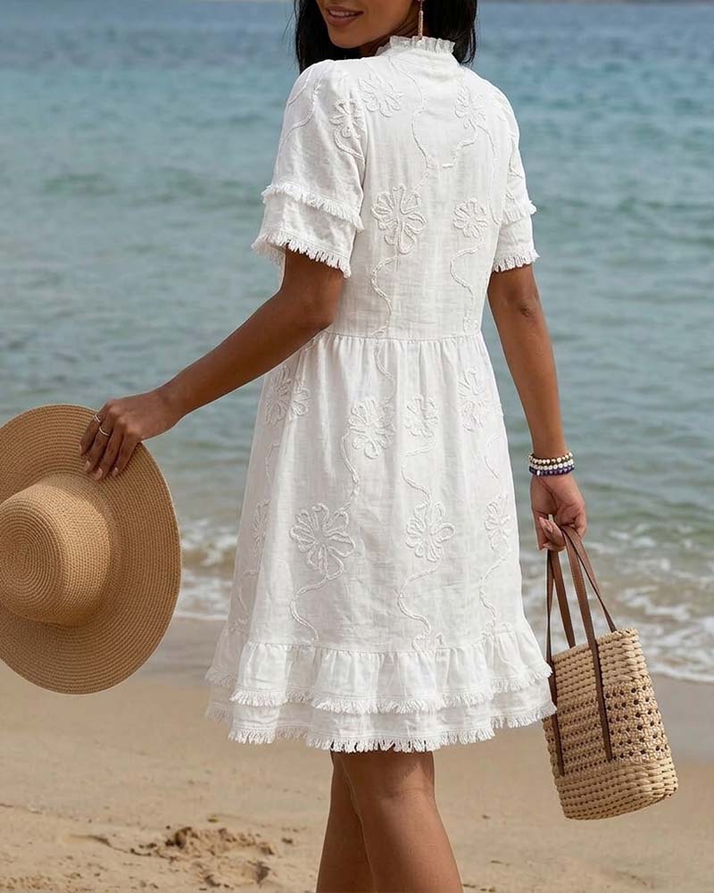 Stand Collar Half Placket Fringe Dress