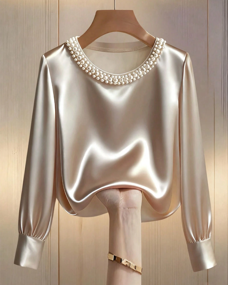 Solid Color Long-Sleeved Rhinestone Collar Shirt