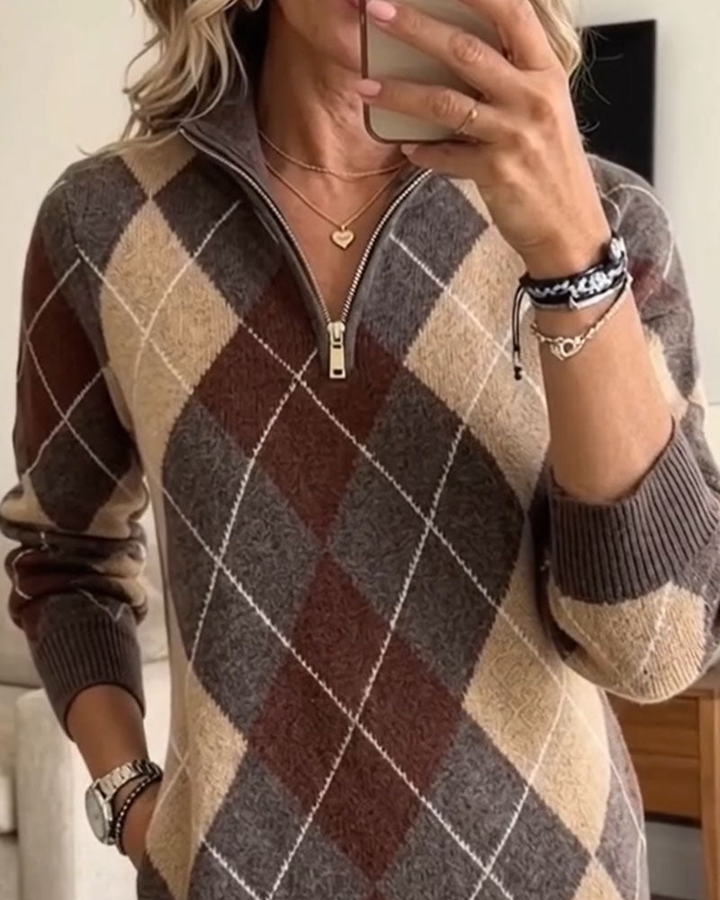 Lapel Zipper Plaid Contrast Sweater Dress