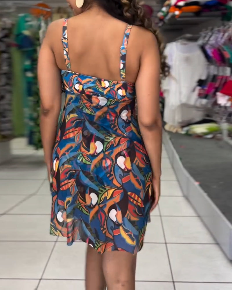 One-Piece Colorful Printed Slit Strap Swimsuit