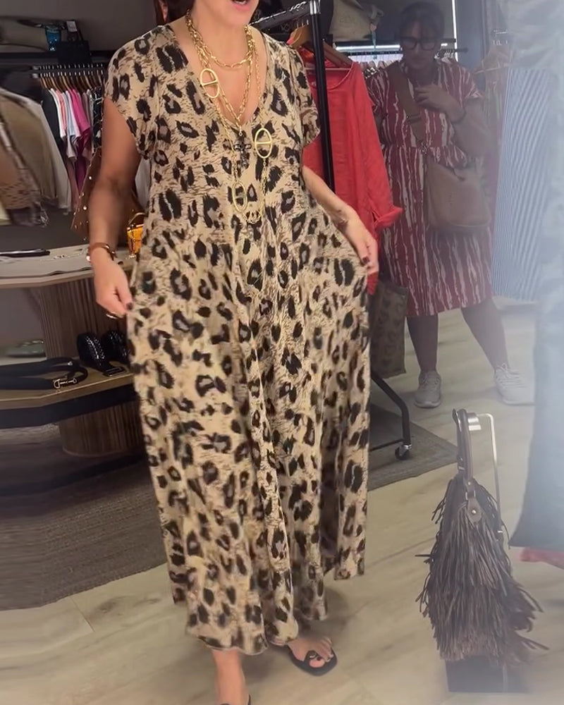 V-Neck Leopard Full Skirt Dress