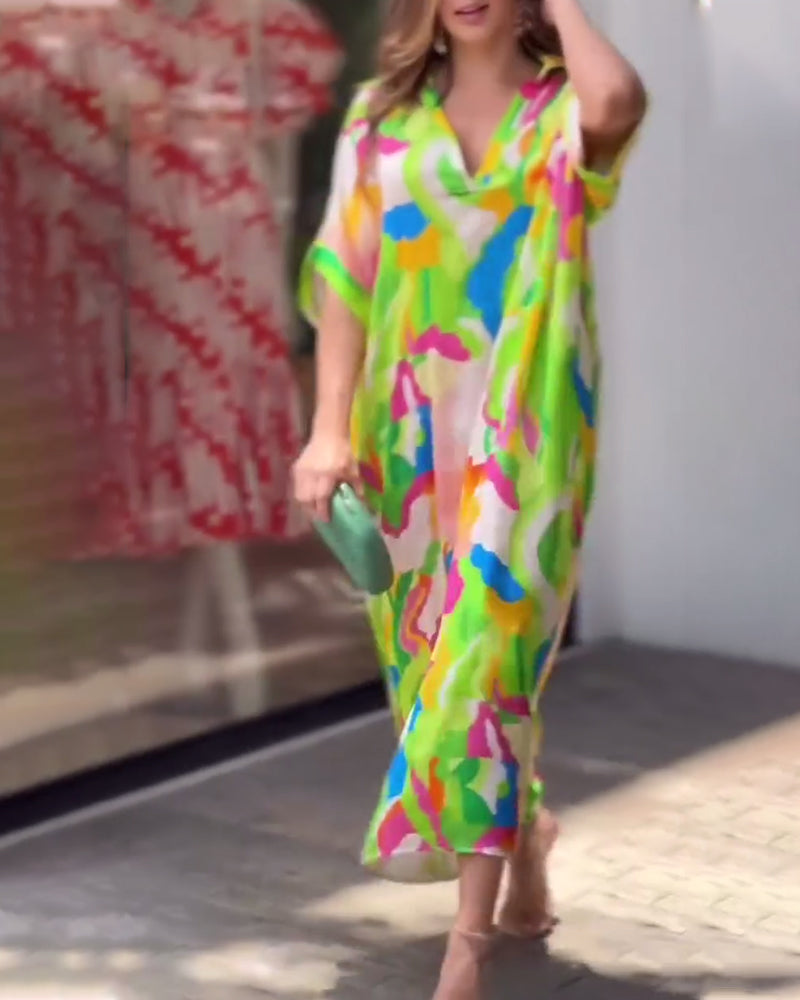 Printed lapel half sleeve casual dress