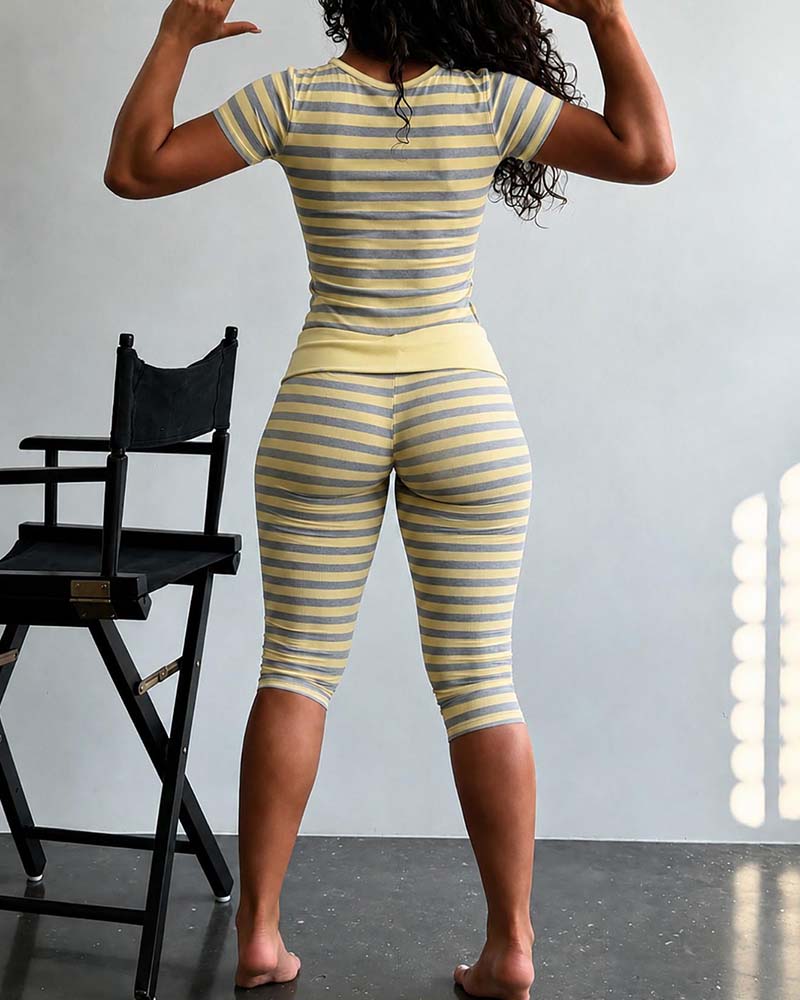 Crew Neck Stripe Short Sleeve Set