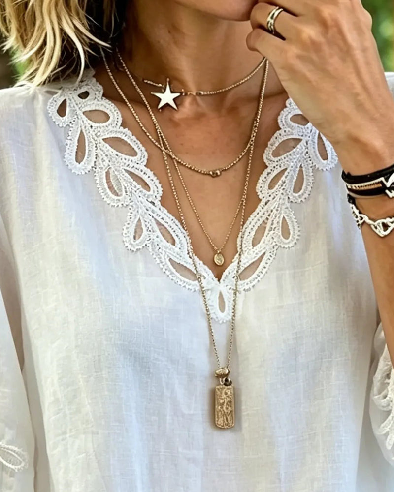 Hollow Out Lace V-Neck Blouse
