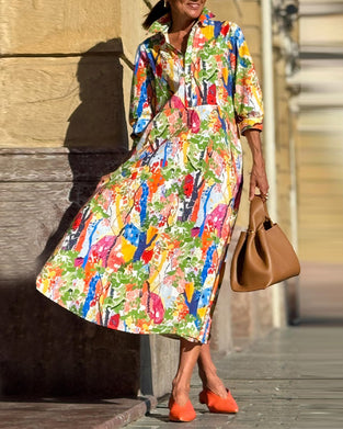Lapel Fashion Half-Length Sleeve Printed Swing Dress