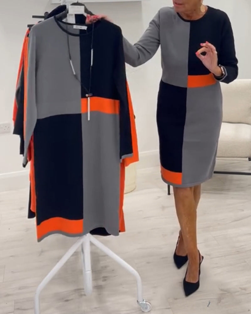 Round neck four-square color matching elegant dress