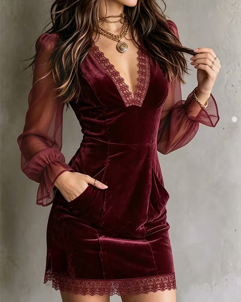 V-Neck Slim Fit Lace Patchwork Dress