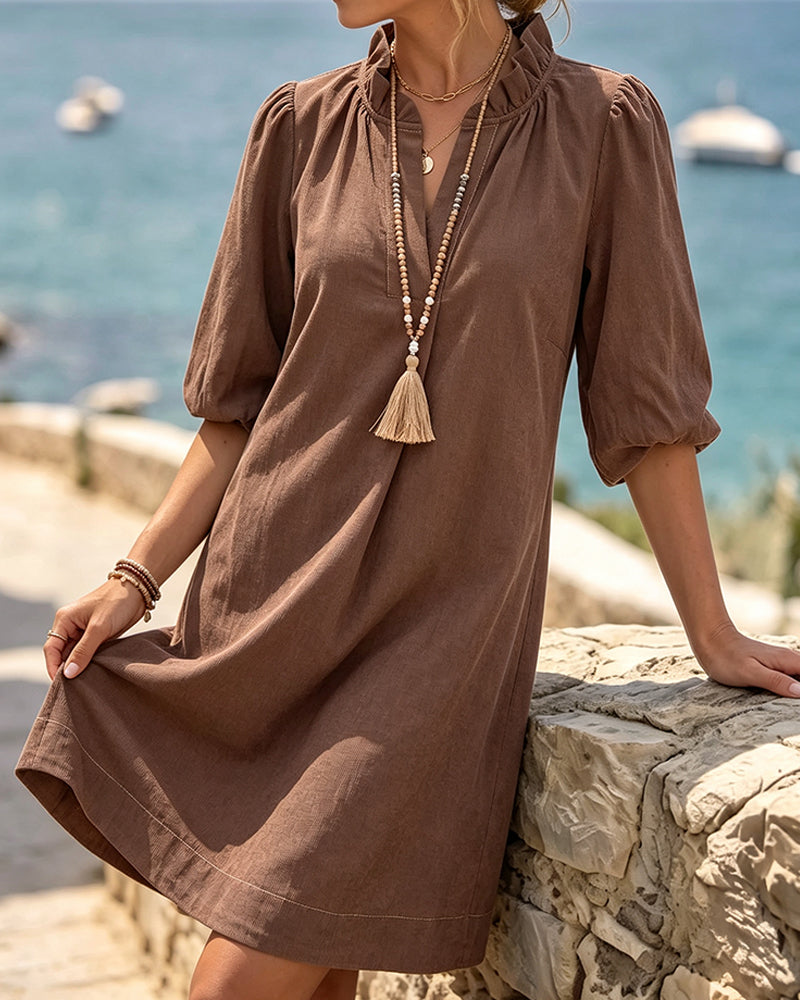 Solid Color Ruffle Trim Half Sleeve Dress