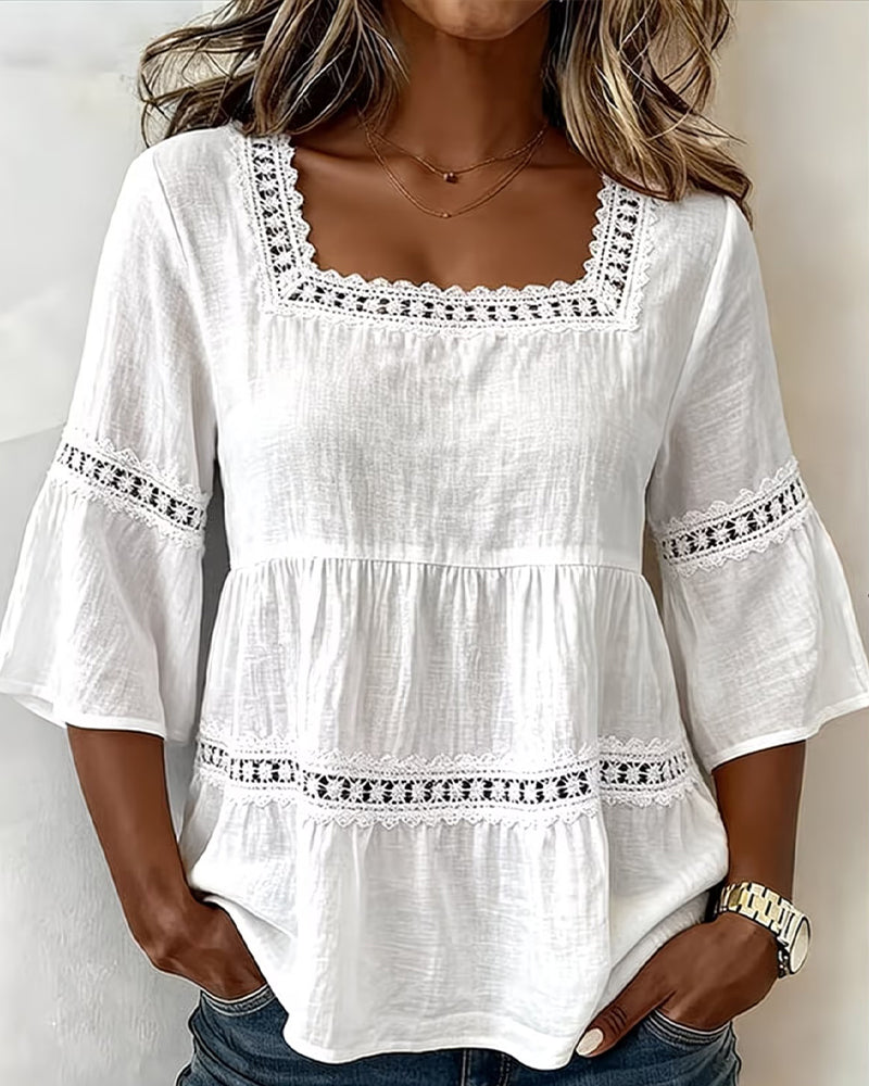 Short-Sleeve Lace-Paneled Square-Neck Blouse