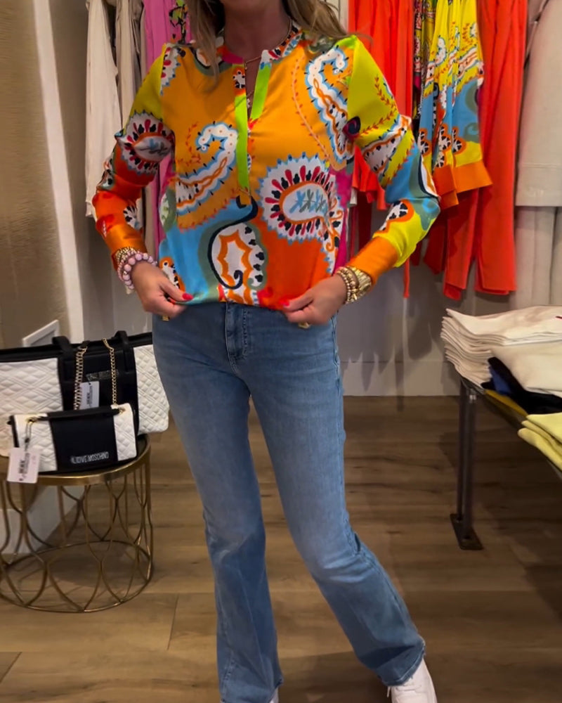 Colorful printed V-neck long-sleeve blouse