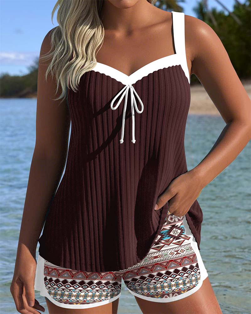 Ribbed Beach Shorts Printed Boxer Tankini