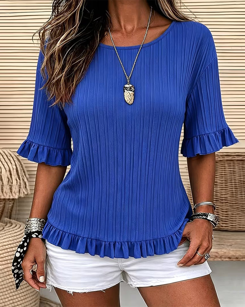 Round Neck Ruffled Ribbed Top