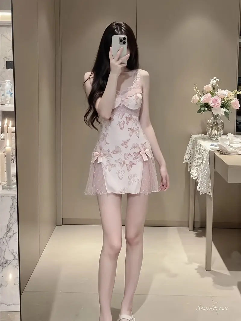 Women's Slim Fit Low V Lace-Up Butterfly Print Camisole Nightgown with Bralette and Backless Loungewear Set