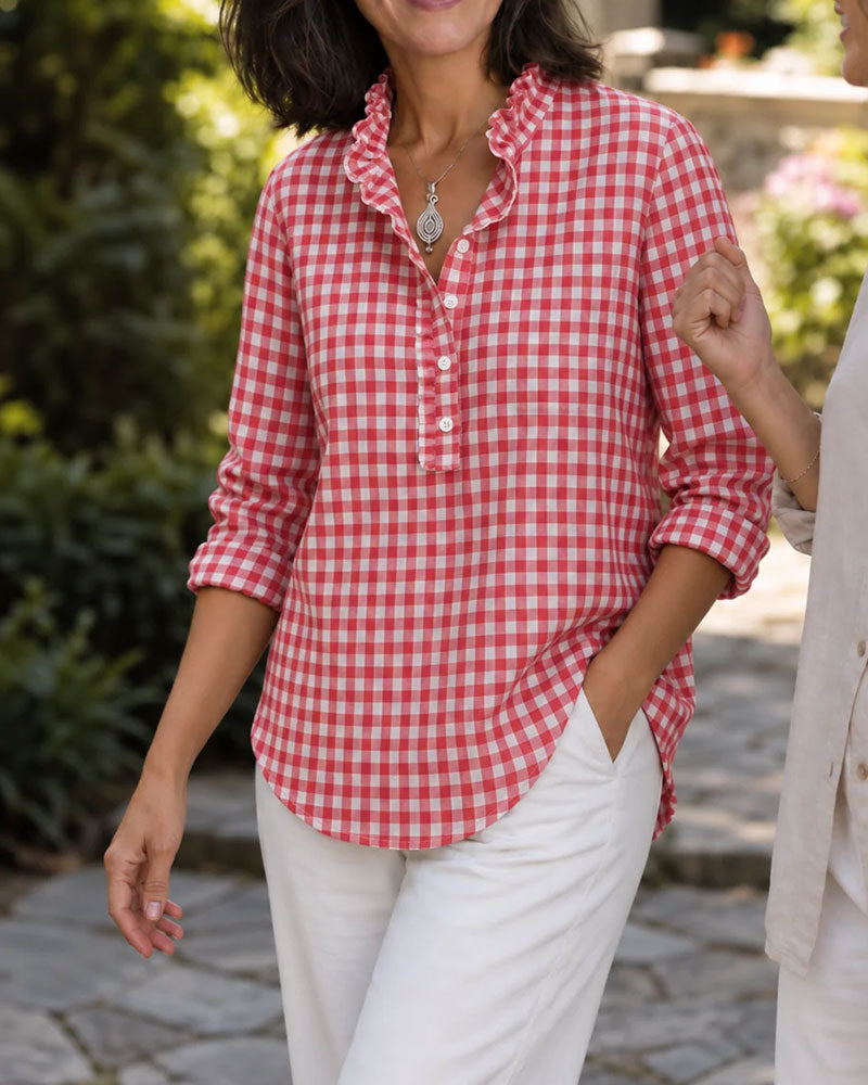 Ruffle Trim Mandarin Collar Plaid Blouse