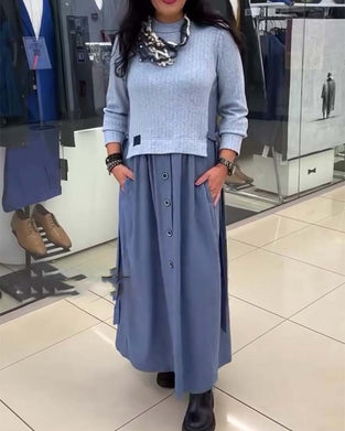 Casual Color-Blocked Round Neck Dress