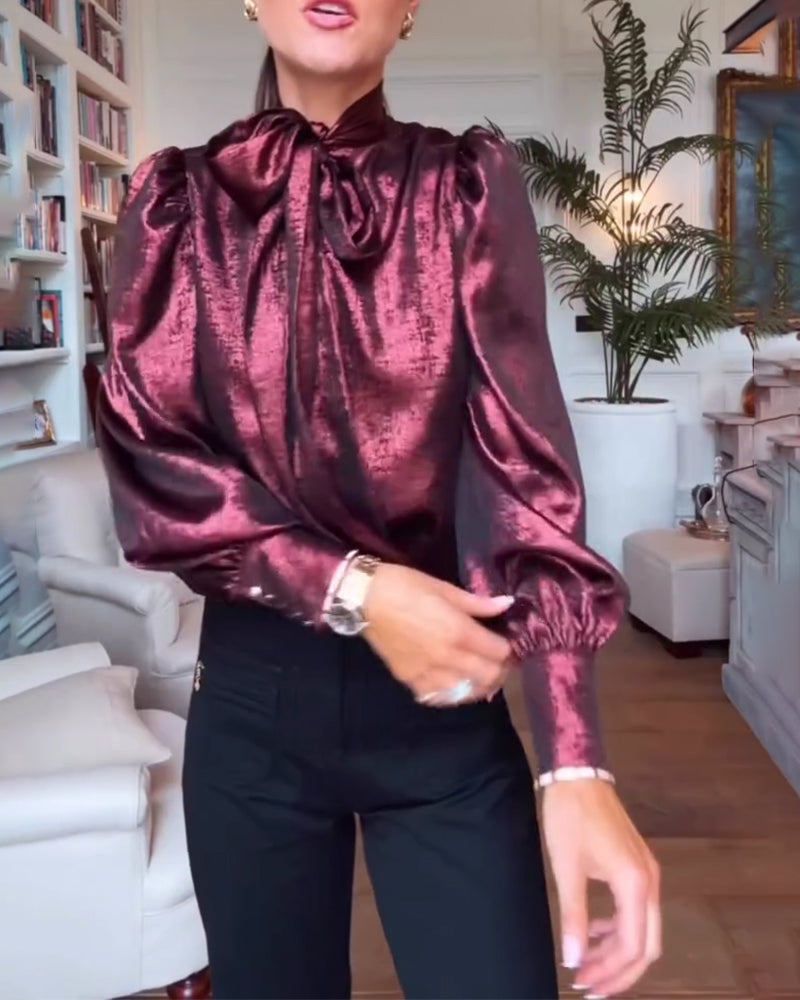 Puff Sleeve Flowing Ribbon Elegant Blouse
