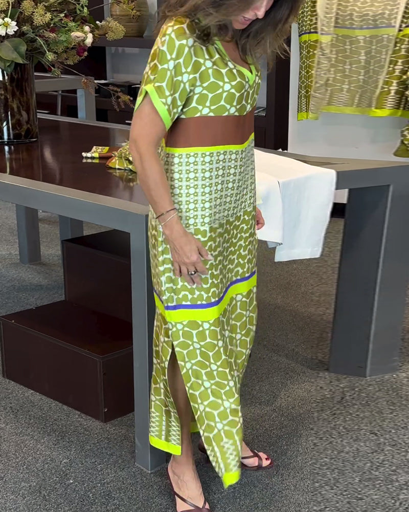 Short-sleeve V-neck contrast printed long dress