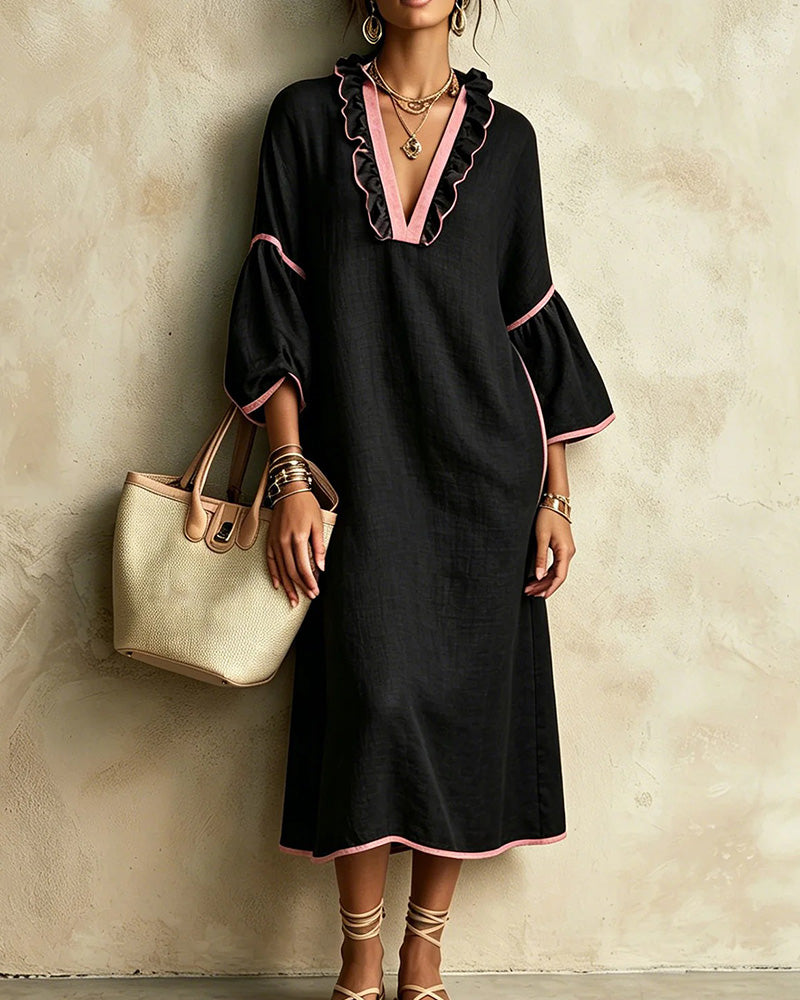 V-Neck Ruffle Color-Block Irregular Dress