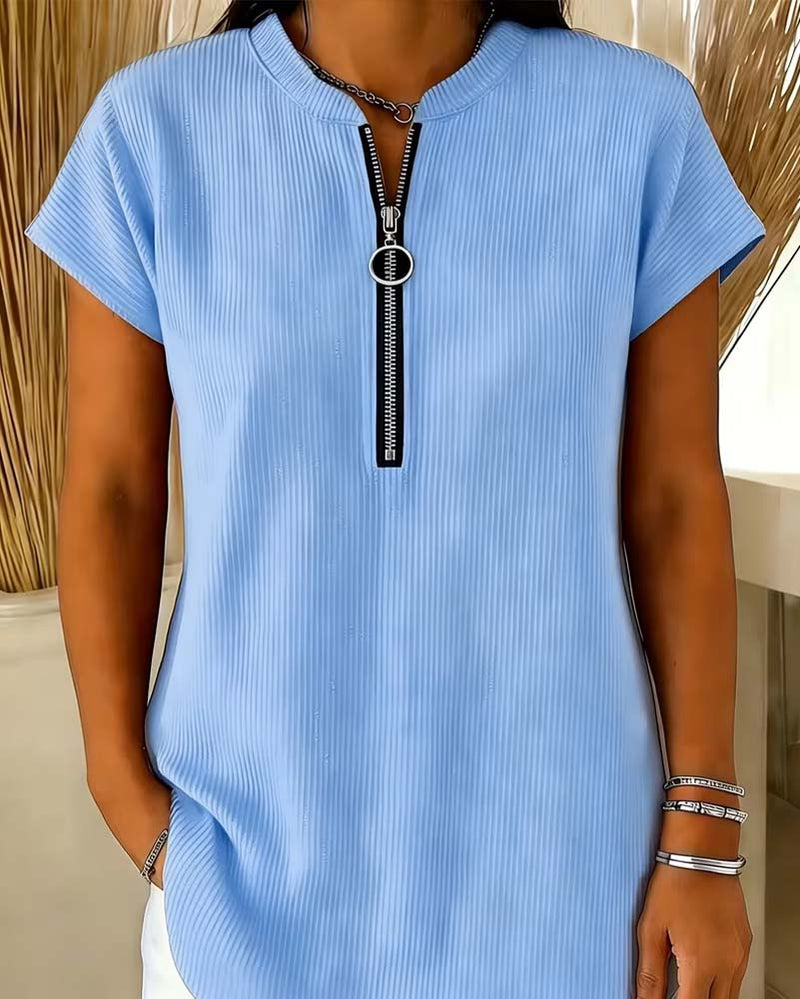 Solid Short Sleeve Zip Blouse