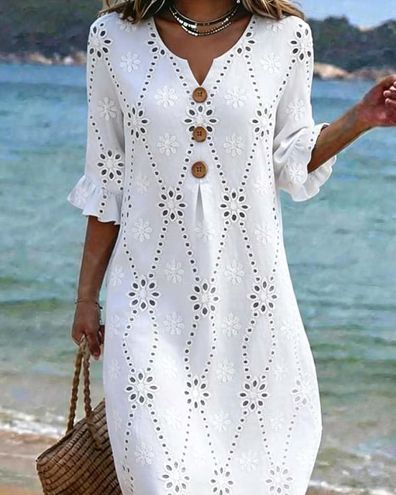 Small V-Neck Hollow Out Button Ruffle Dress