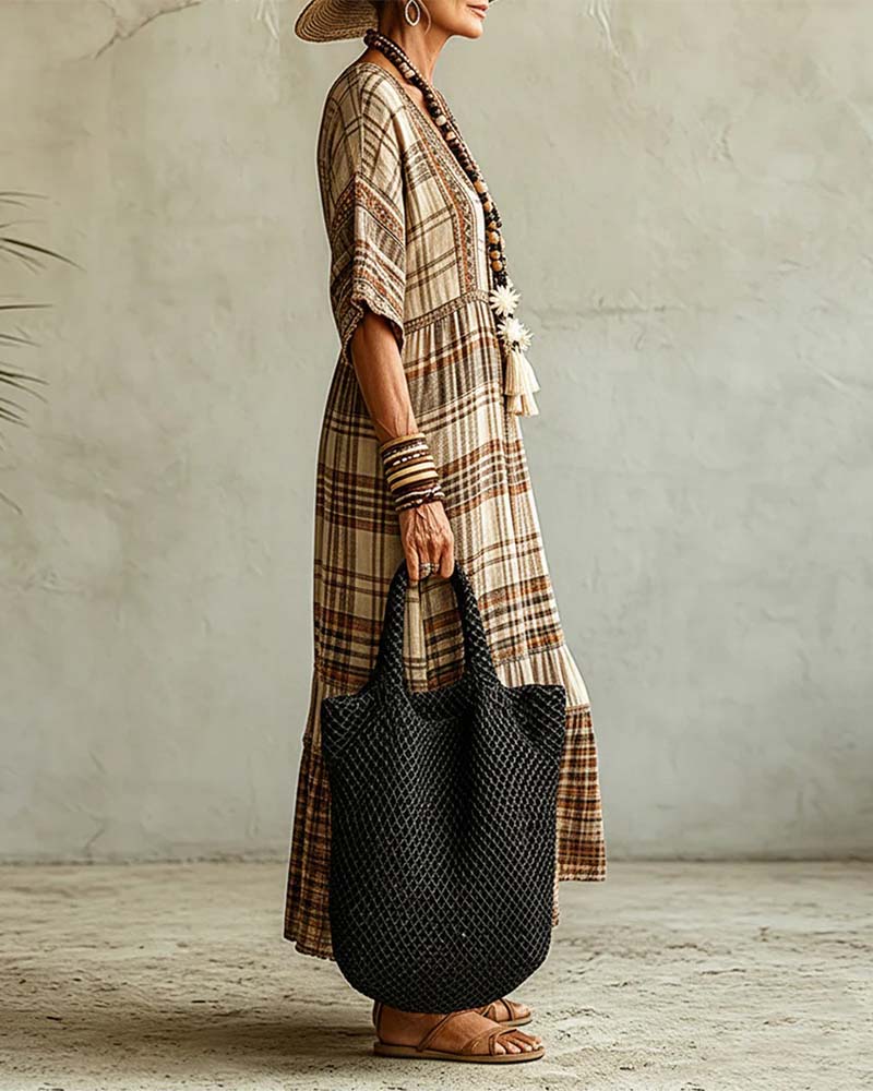 V-Neck Plaid Patchwork Dress