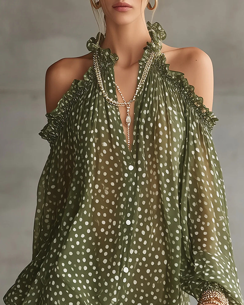 Polka Dot Halter Off-Shoulder Dress