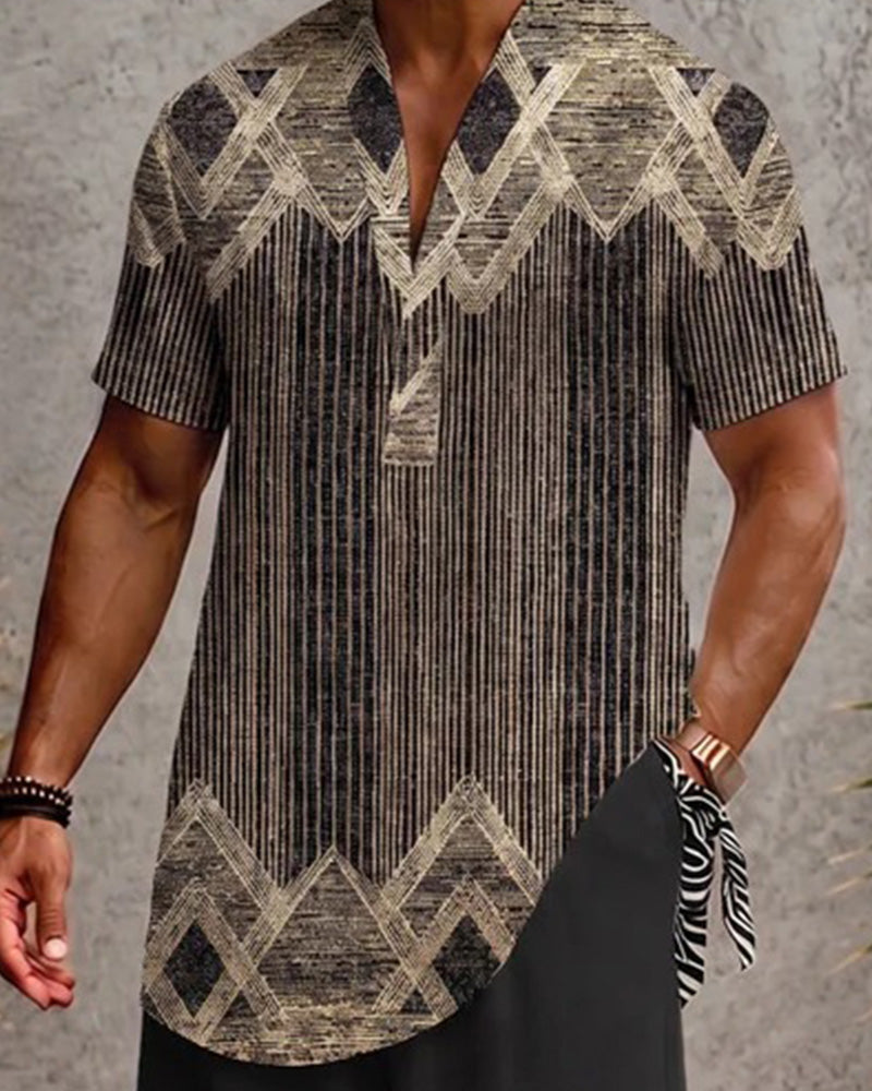V-Neck Striped Men's Short Sleeve Blouse