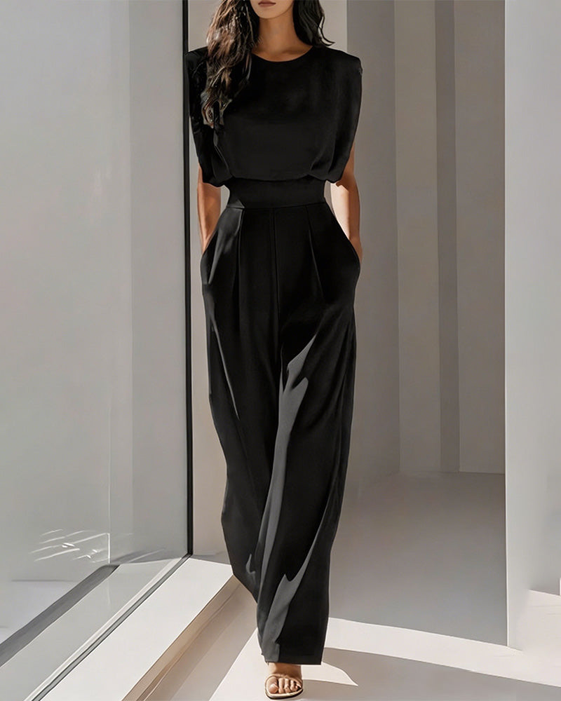 Solid Casual Belted Jumpsuit