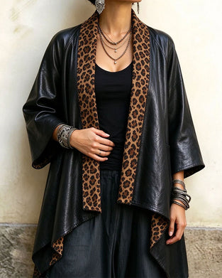 Three-Quarter Sleeve Leopard Print Irregular Coat