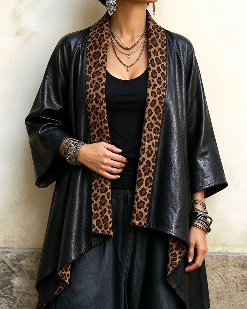 Three-Quarter Sleeve Leopard Print Irregular Coat