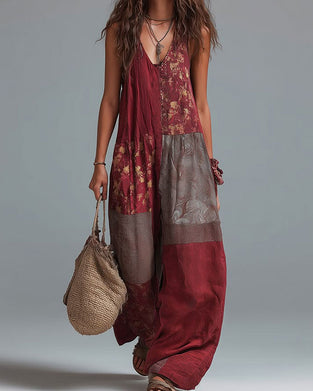 V-Neck Sleeveless Contrast Print Jumpsuit