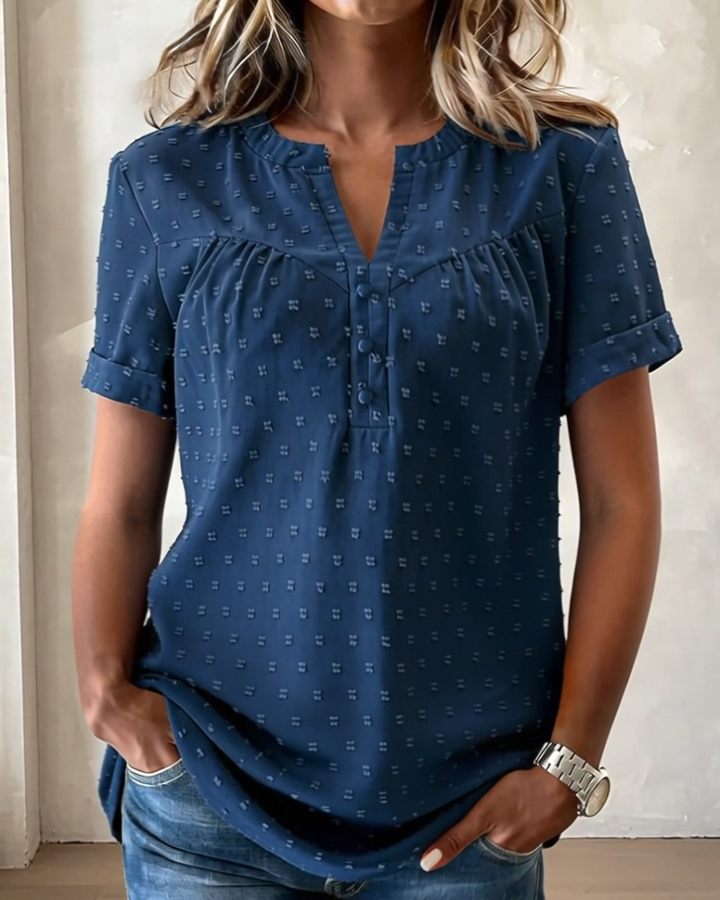 Jacquard V-Neck Half-Placket Short Sleeve Blouse