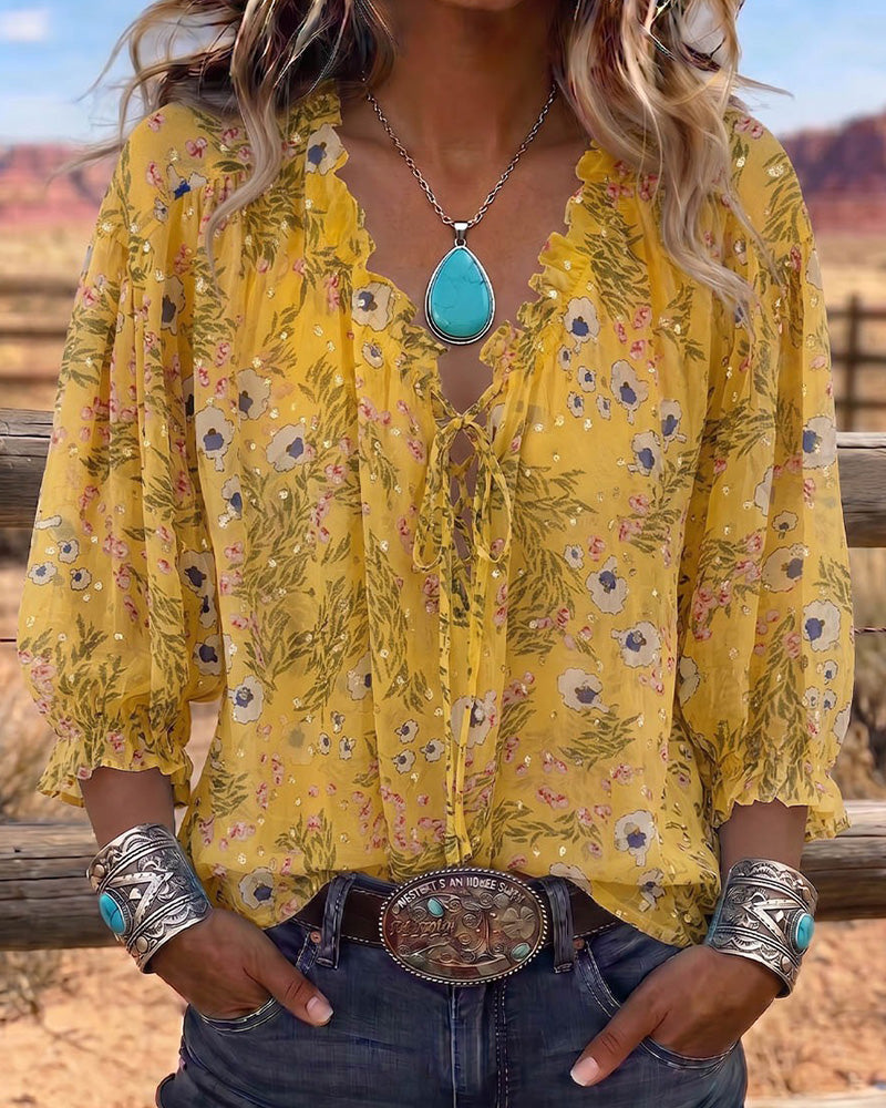 Casual Floral Tie Blouse