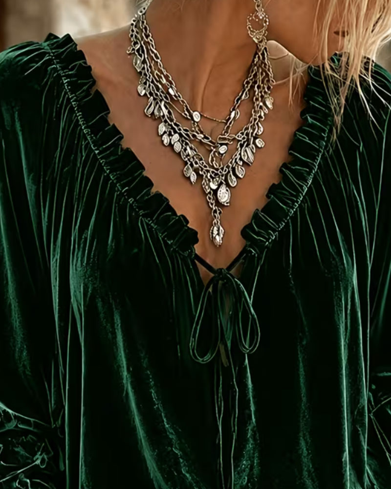 Velvet V-Neck Ruffled Long Sleeve Top
