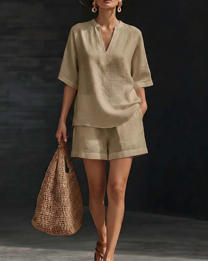Casual Elbow-Length Sleeve Top and Shorts Set