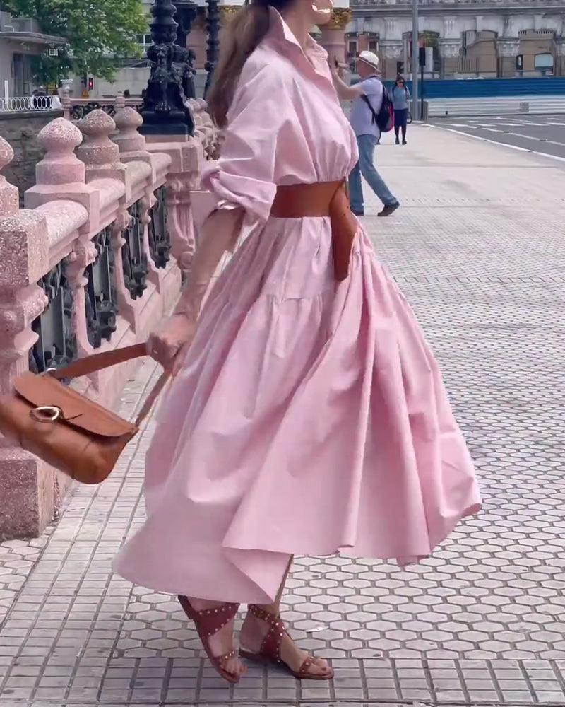 Solid color lapel wide swing dress