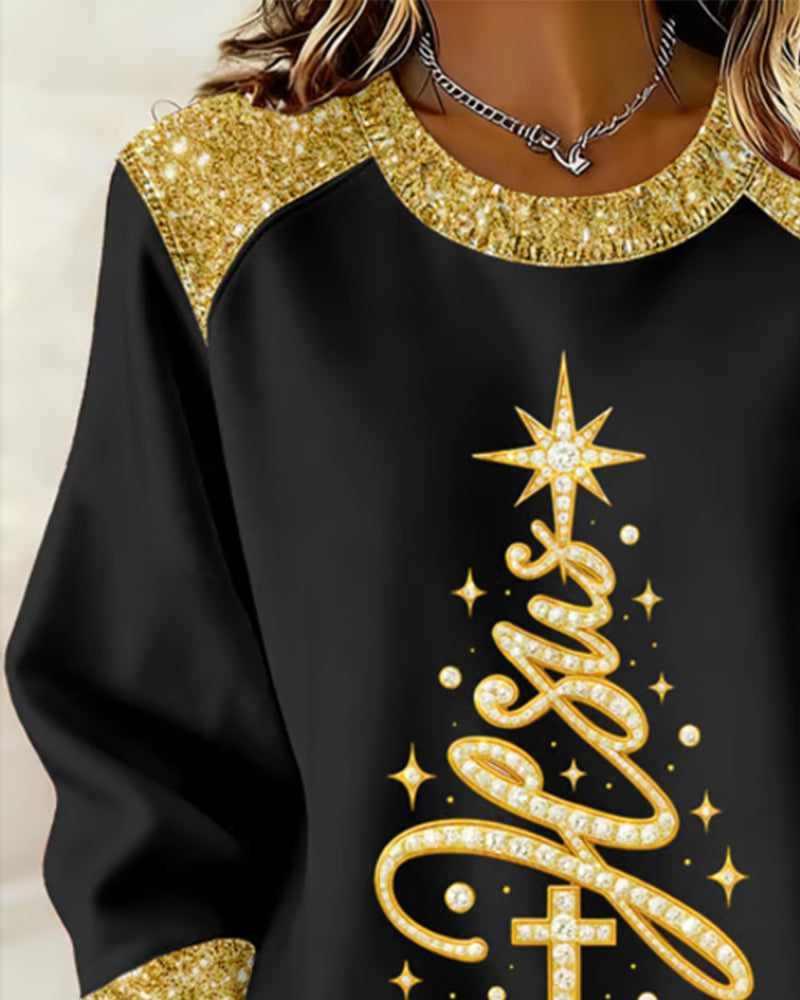 Printed Christmas Tree Crew Neck Sweatshirt