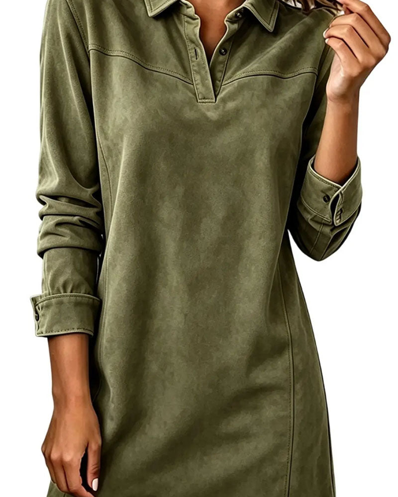 Lapel Button Long Sleeve Dress