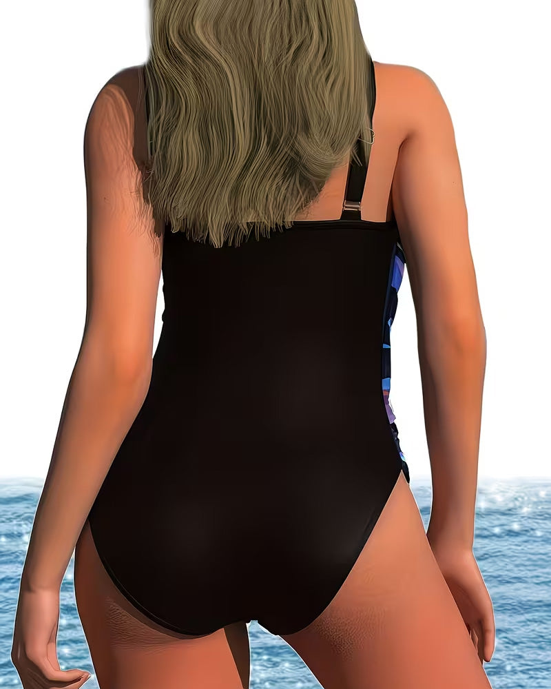 Cross Side Drawstring Stripe Print One-Piece