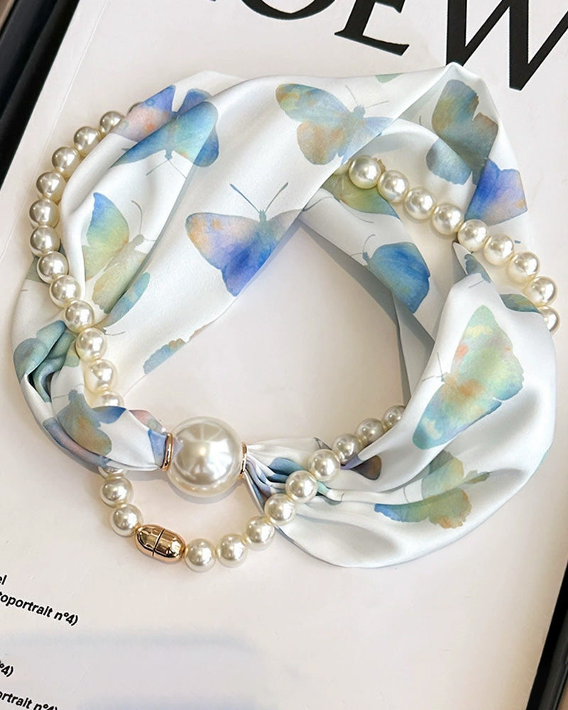 Long Pearl-Embellished Silk Necklace