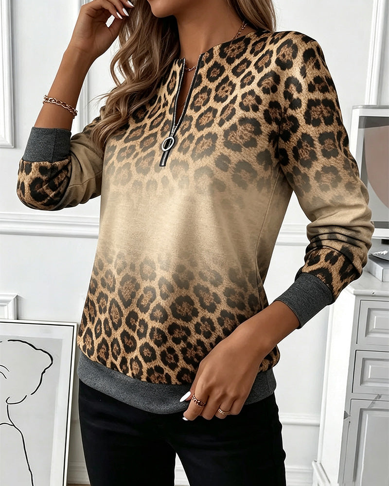 Leopard Ombre Zip Long Sleeve Sweatshirts