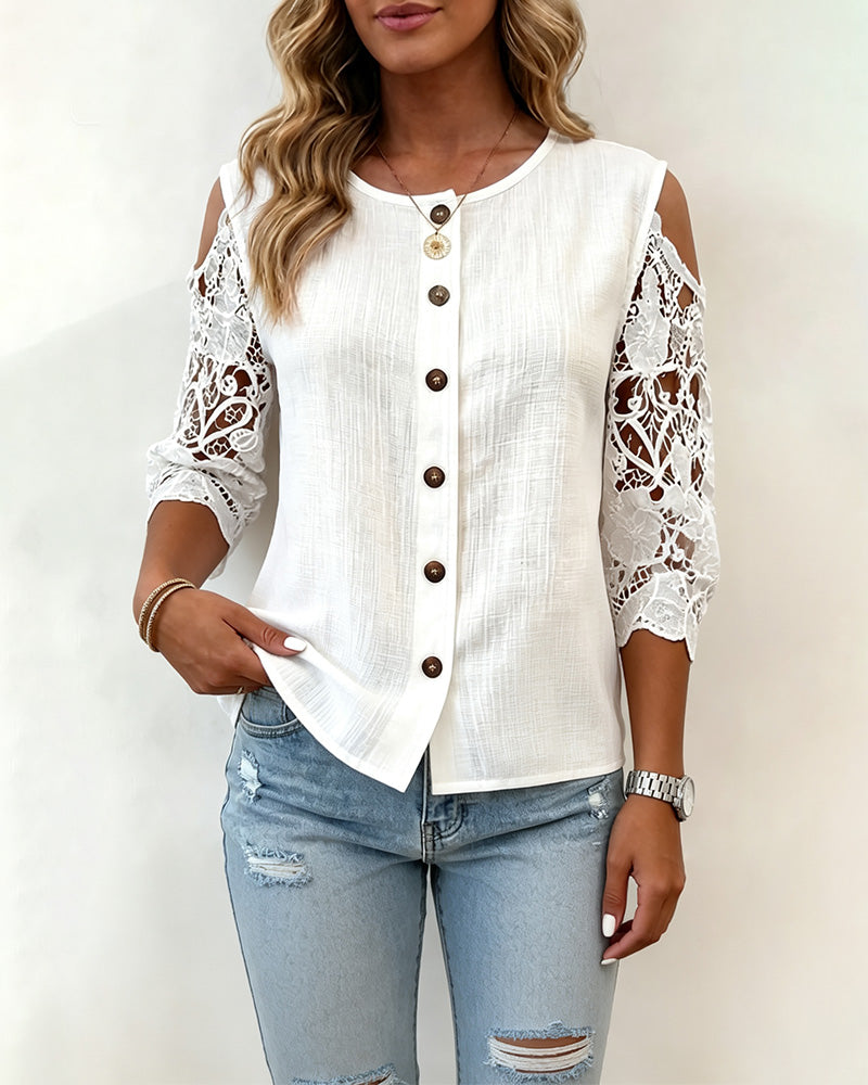 Cutout Off-Shoulder Button Blouse